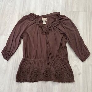 Life Style Women Blouse Brown Cotton Peasant Blouse Crochet Boho Top Free Size L